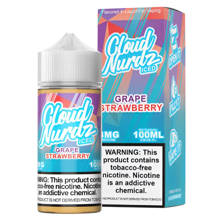 Colorful e-liquid bottle and packaging for ’Cloud Nurdz Iced’ in Grape Strawberry flavor.