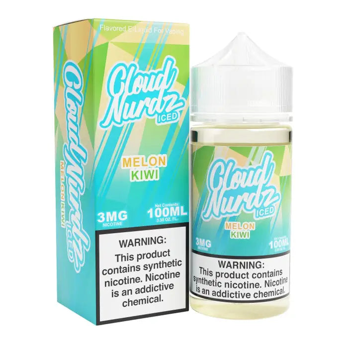 E-liquid bottle and packaging for ’Cloud Nurdz’ melon kiwi flavor vape juice.