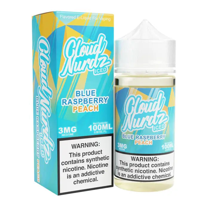 E-liquid bottle and packaging for Cloud Nurdz Blue Raspberry Peach flavor vape juice.