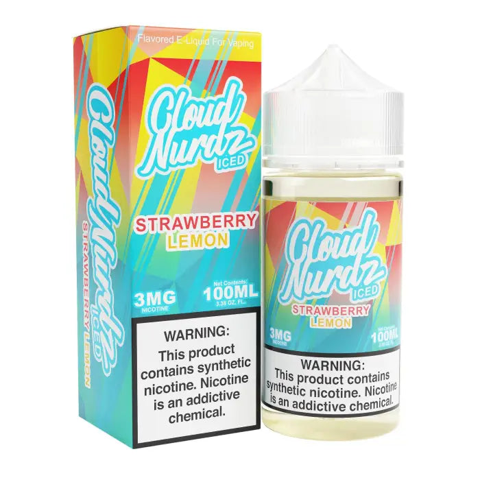 Colorful e-liquid bottle and packaging for ’Cloud Nurdz’ strawberry lemon flavor vape juice.