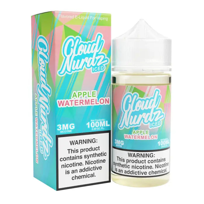 E-liquid bottle and packaging for ’Cloud Nurdz’ brand in Apple Watermelon flavor.