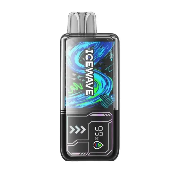 Electronic vaping device with a colorful display screen showing the ’ICEWAVE’ brand.