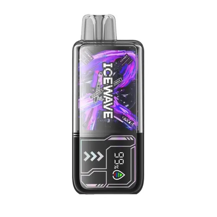 Sleek electronic vaping device with a colorful display screen showing purple and blue swirls.