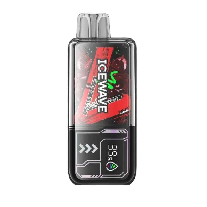 Electronic vaping device with a digital display and ’ICEWAVE’ branding.