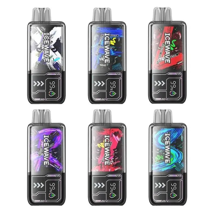 Set of six colorful electronic vaping devices with digital displays.