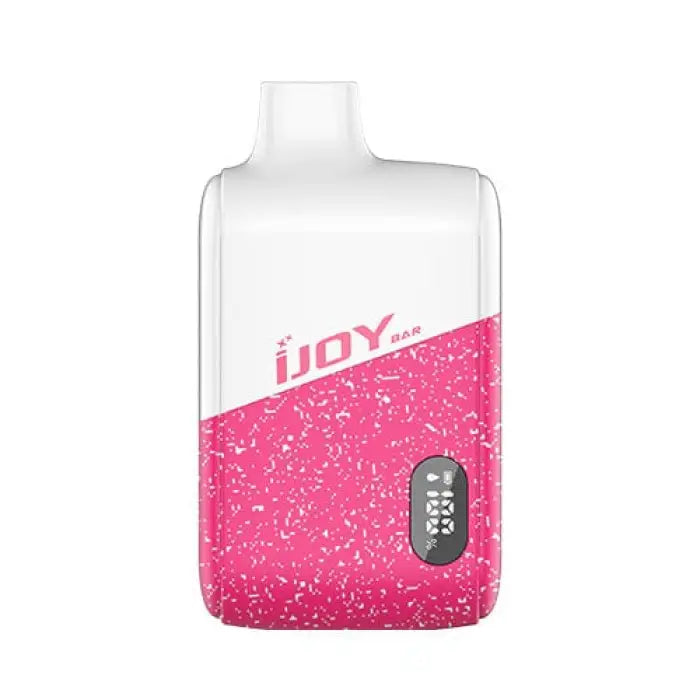 Pink and white vaping device with ’iJOY’ branding and a digital display.