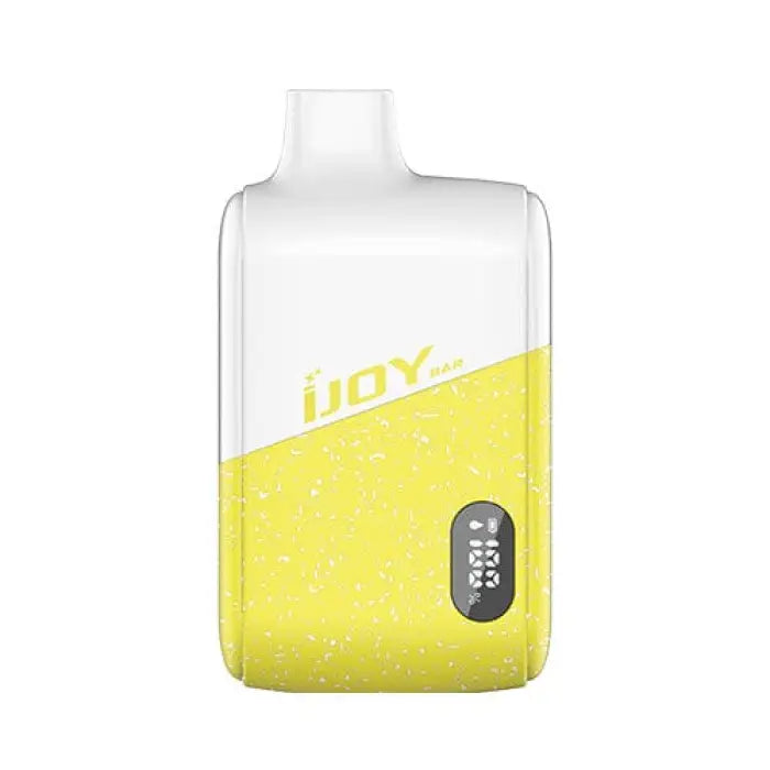 Rectangular white and yellow vaping device with ’IJOY’ branding and a small display screen.