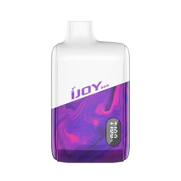 Vaping device with a white and purple color scheme, featuring the ’iJOY’ brand name.