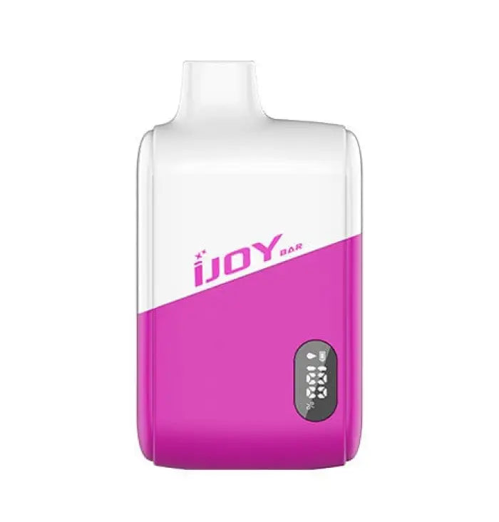 Compact electronic device with a white and pink color scheme, featuring an ’IJOY’ logo and a small digital display.