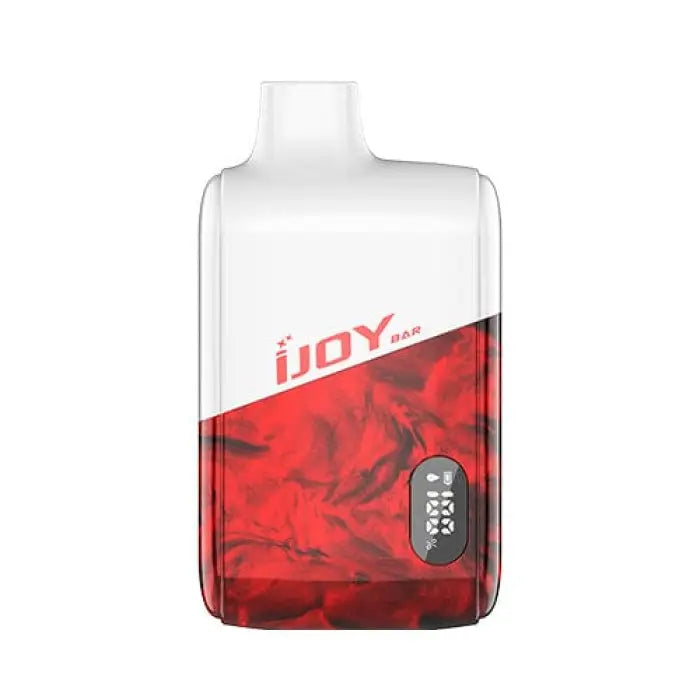 Rectangular electronic vaping device with a red and white color scheme labeled ’IJOY’.