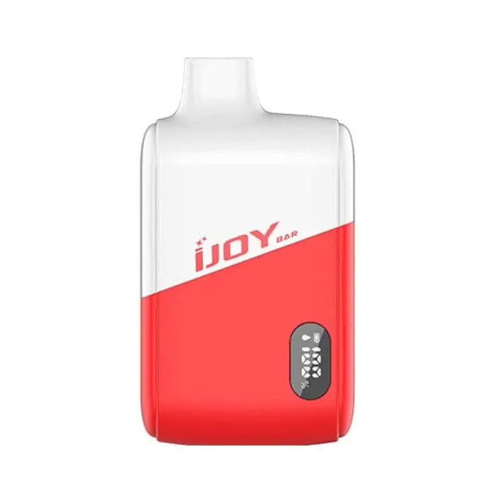 Dual-colored rectangular vaping device with ’IJOY’ branding and a small digital display.