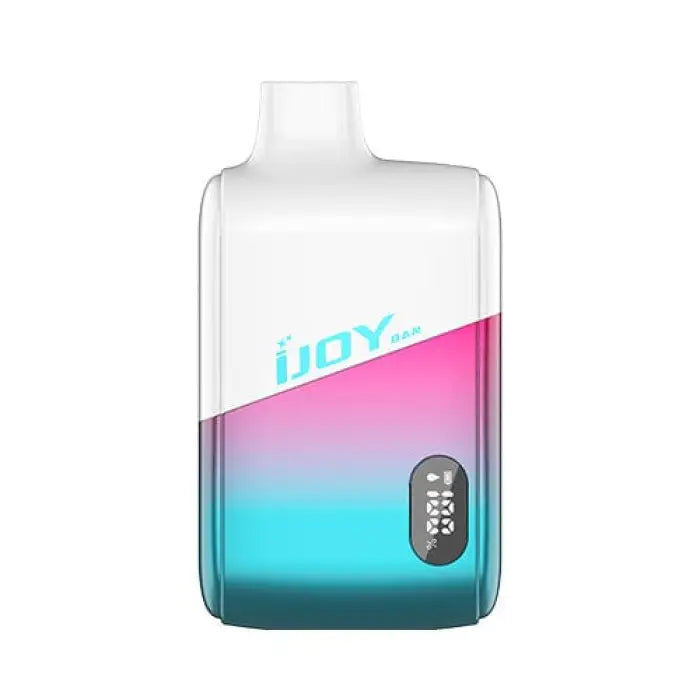 Sleek electronic device with a gradient color scheme from white to pink to teal, featuring the ’iJOY’ logo and a small digital display.