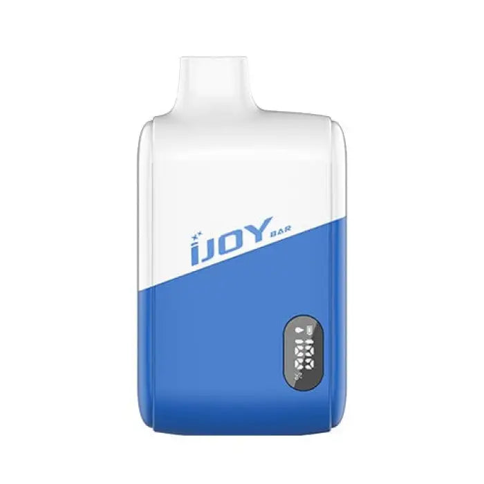 Rectangular blue and white electronic device labeled ’iJOY’ with a small digital display.