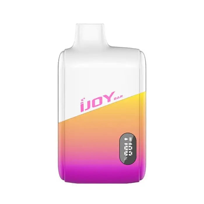 Colorful vape device with ’iJOY’ branding and a digital display.