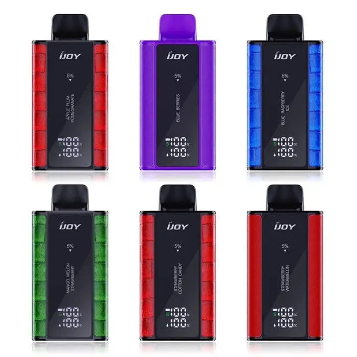 Electronic vaping devices in various colors with digital displays.