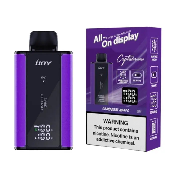 Electronic vaping device with a purple body and digital display, shown alongside its product packaging.