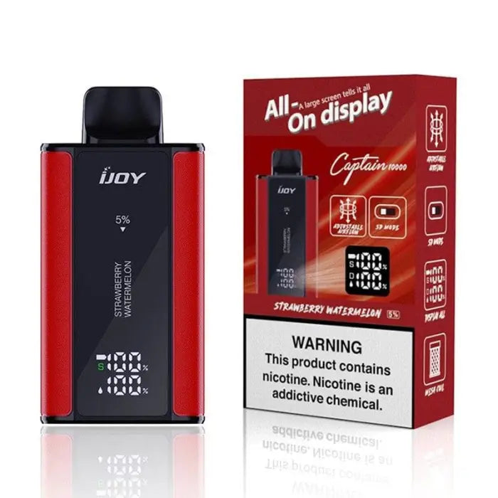 Electronic vaping device with a red and black rectangular body and digital display.