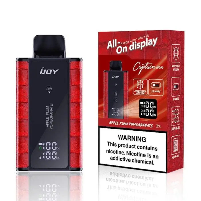 Electronic vaping device with a red and black design, featuring a digital display.