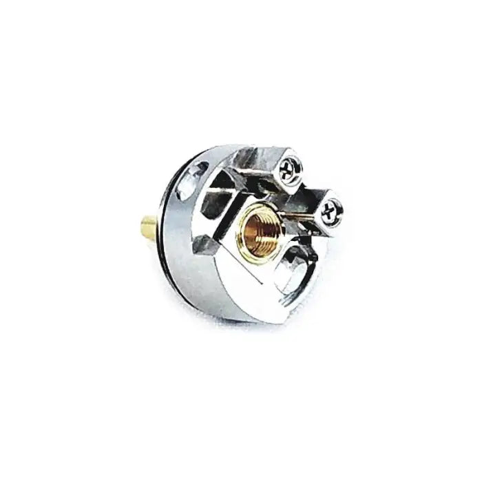 Chrome-plated circular mechanical component with screws and a central threaded opening.