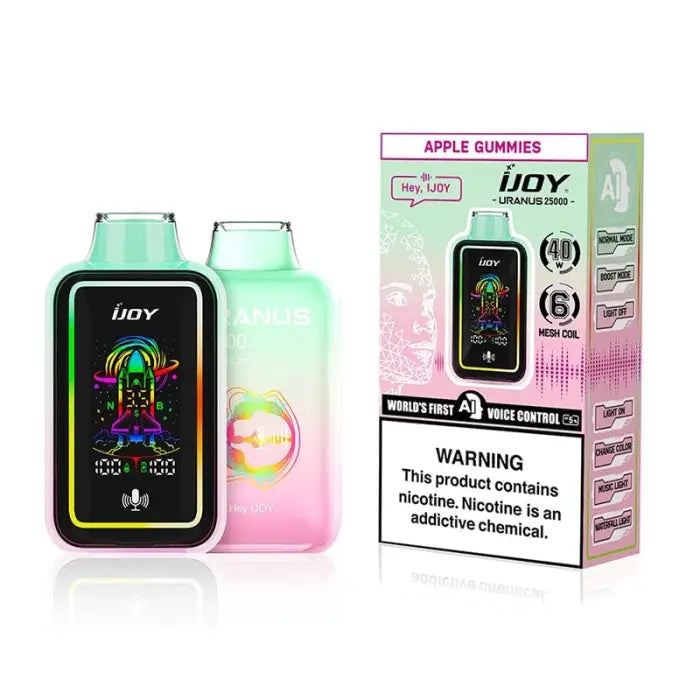 Electronic vaping device with a colorful display screen and accompanying packaging.