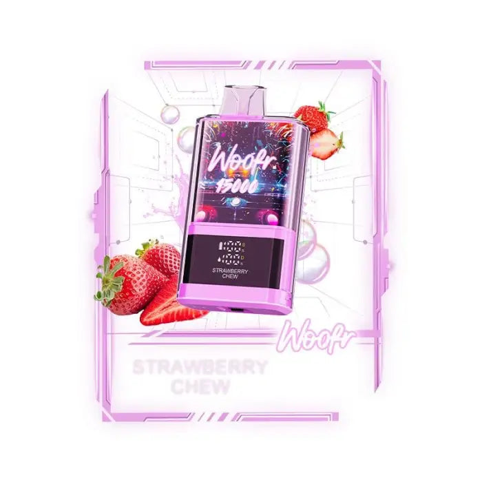 Disposable vape device with strawberry flavor imagery.