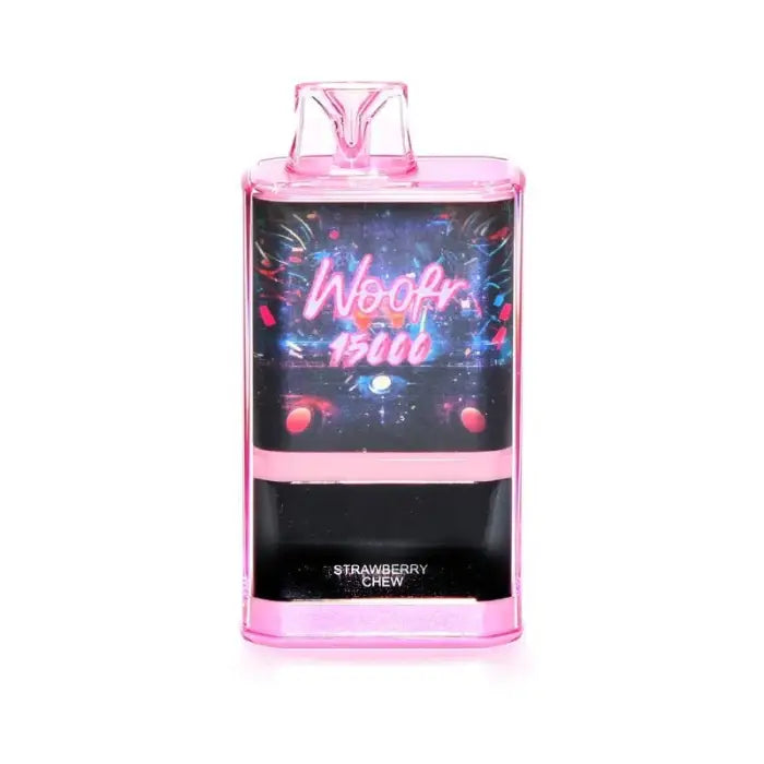 Pink plastic container with a neon ’Woo-hoo’ sign display and ’Strawberry Soju’ label.