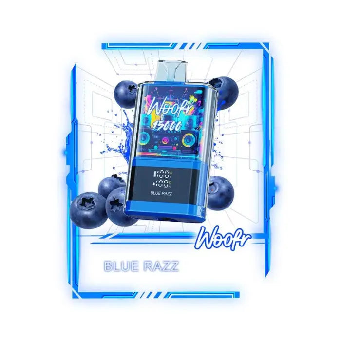 Disposable vape device with ’Blue Razz’ flavor surrounded by blueberries.