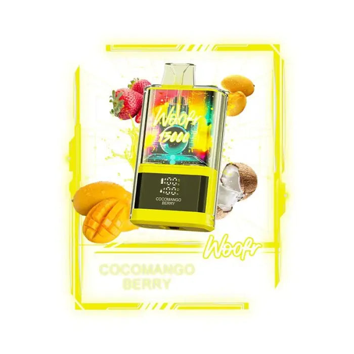 Colorful disposable vape device surrounded by tropical fruits.