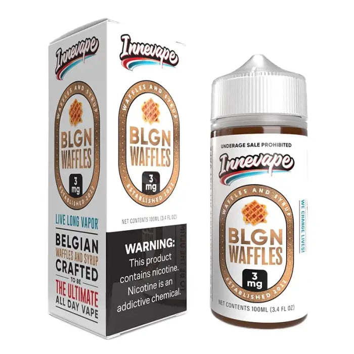 E-liquid bottle and packaging for ’BLGN Waffles’ flavor vape juice by Innevape.