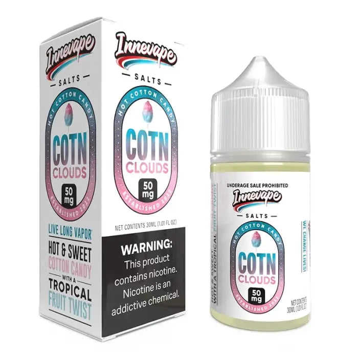 E-liquid bottle and packaging for ’COTN Clouds’ vape juice in the ’Tropical Fruit Twist’ flavor.