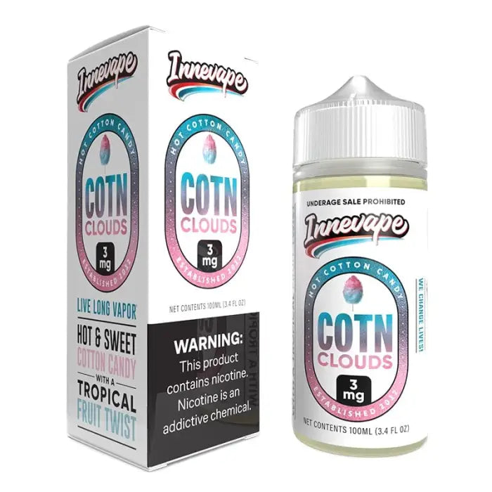 E-liquid bottle with colorful packaging labeled ’COTN CLOUDS’ by Innevape.