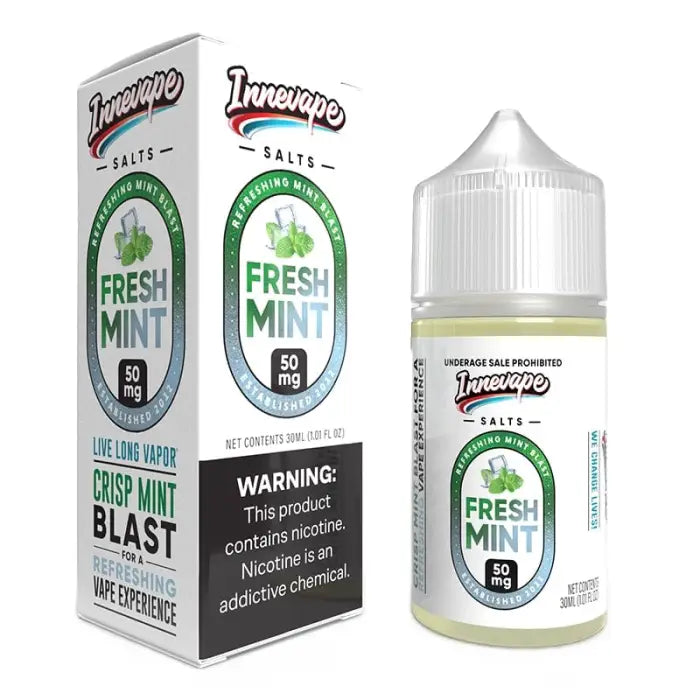 E-liquid bottle and packaging for ’Fresh Mint’ flavor from Innevape Salts brand.