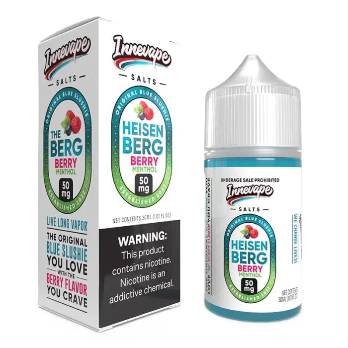 E-liquid bottle and packaging for ’Heisenberg Berry’ flavor by Innevape Salts.