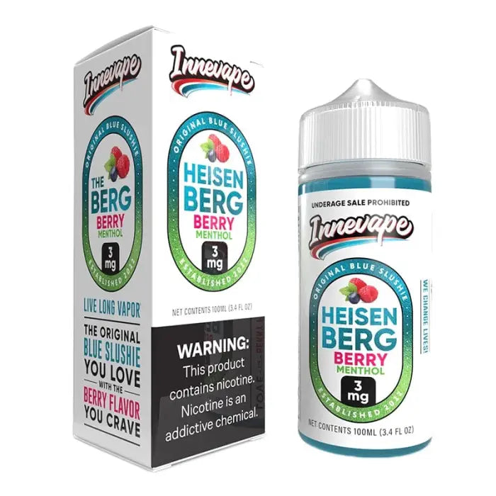 E-liquid bottle and packaging for ’Innevape Heisenberg Berry’ vape juice.