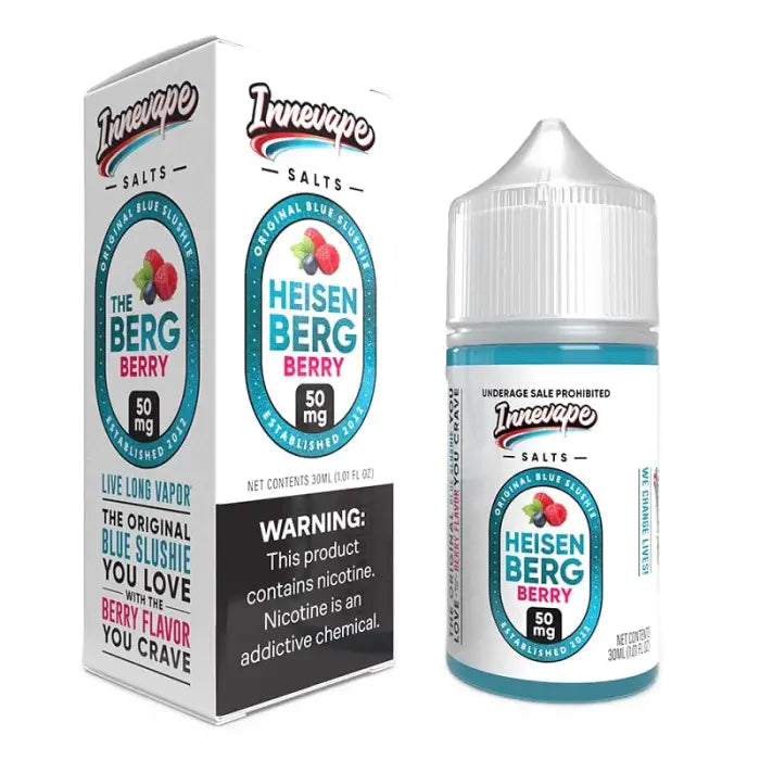 E-liquid bottle with packaging for ’Heisenberg Berry’ flavor by Innevape Salts.