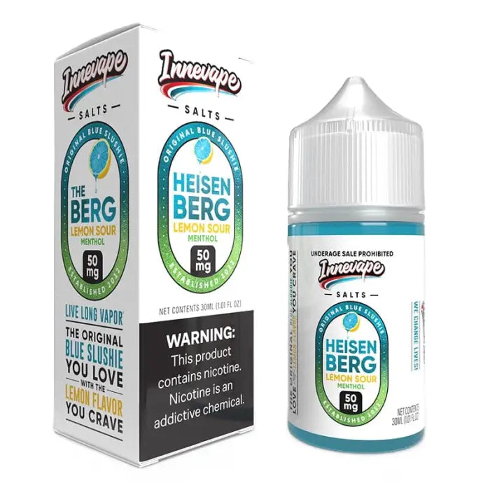 E-liquid or vape juice bottle with packaging labeled ’Heisenberg’ by Innevape Salts.