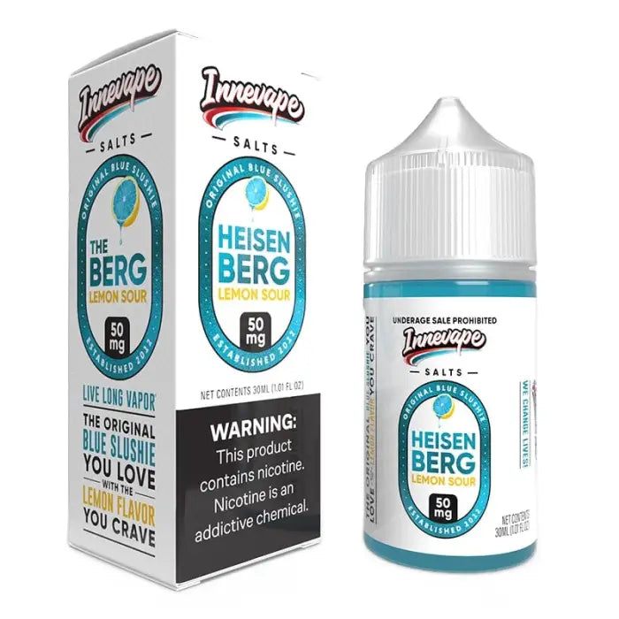 E-liquid bottle with ’Heisenberg’ flavor branding and accompanying packaging.