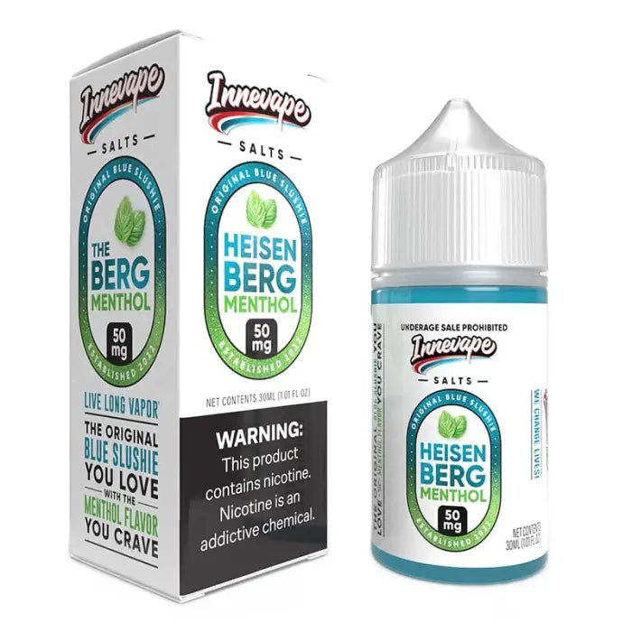 E-liquid bottle with ’Heisenberg Menthol’ branding and its packaging.