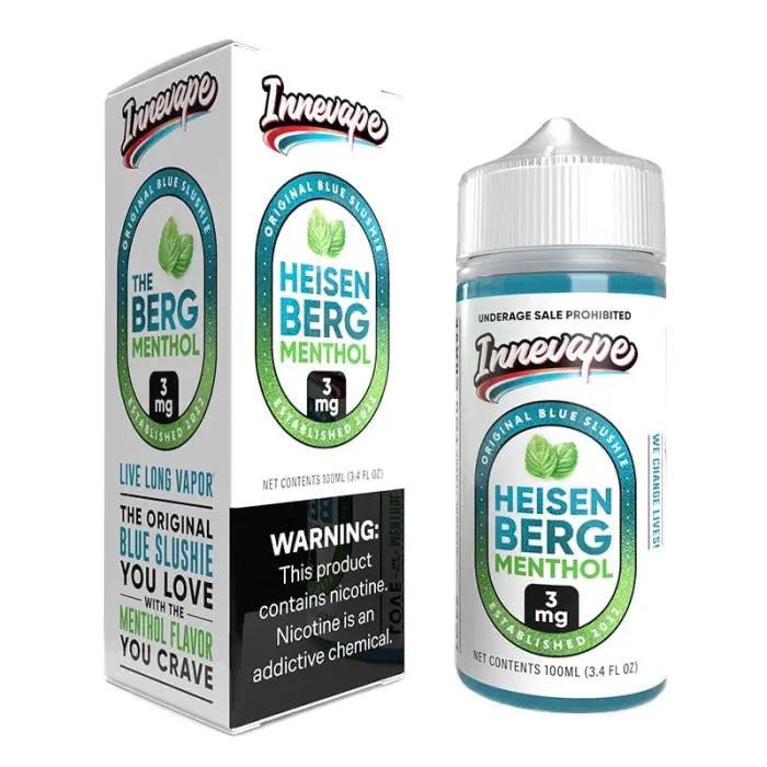 E-liquid bottle with packaging for ’Heisenberg Menthol’ flavor by Innevape.