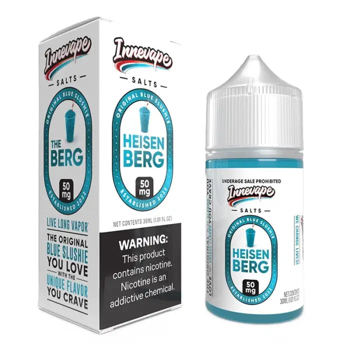 E-liquid bottle with packaging for a flavor called ’Heisenberg’ by Innevape Salts.