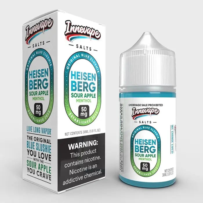 E-liquid bottle and packaging for ’Heisenberg’ sour apple flavor vape juice.