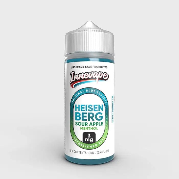 E-liquid bottle labeled ’Heisenberg Sour Apple Menthol’ from the Juicevape brand.