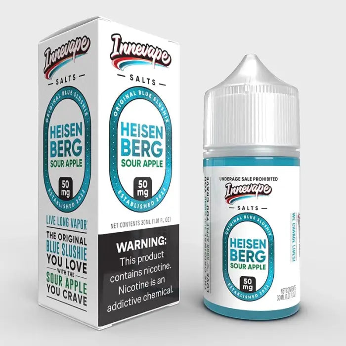 E-liquid bottle and packaging for ’Heisenberg’ sour apple flavored vape juice.