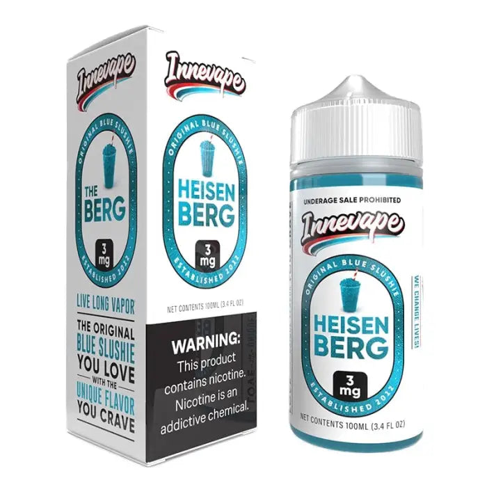 E-liquid bottle with ’Heisenberg’ branding and accompanying product packaging.