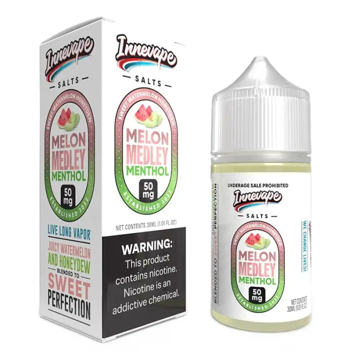 E-liquid bottle and packaging for ’Melon Medley Menthol’ flavor by Innevape Salts.