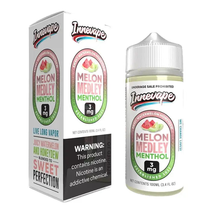 E-liquid bottle and packaging for ’Melon Medley Menthol’ flavor by Vapevape, featuring a 3mg nicotine strength.