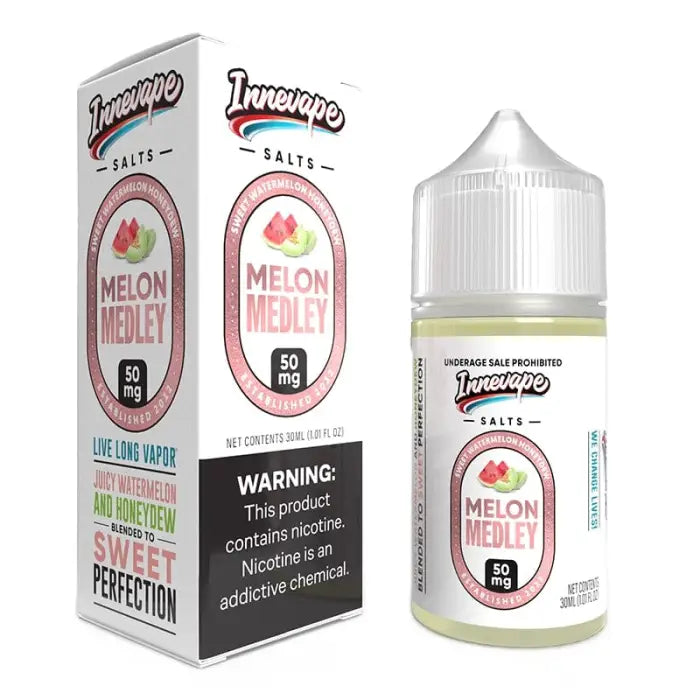 E-liquid bottle for vaping with melon flavor, accompanied by its packaging box.