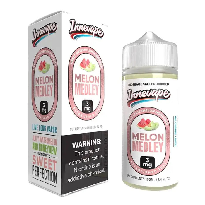 E-liquid bottle labeled ’Innevape Melon Medley’ with accompanying product packaging.