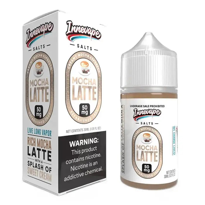 E-liquid bottle and packaging for ’Mocha Latte’ flavored vape juice by Innevape Salts.