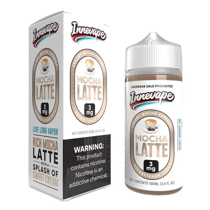 Bottle of Innevape Mocha Latte e-liquid with its packaging box.